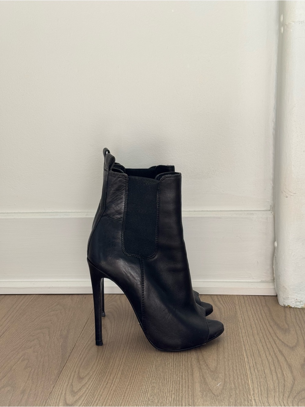 Tony Bianco Black Leather Peep-Toe Stiletto Ankle Boots